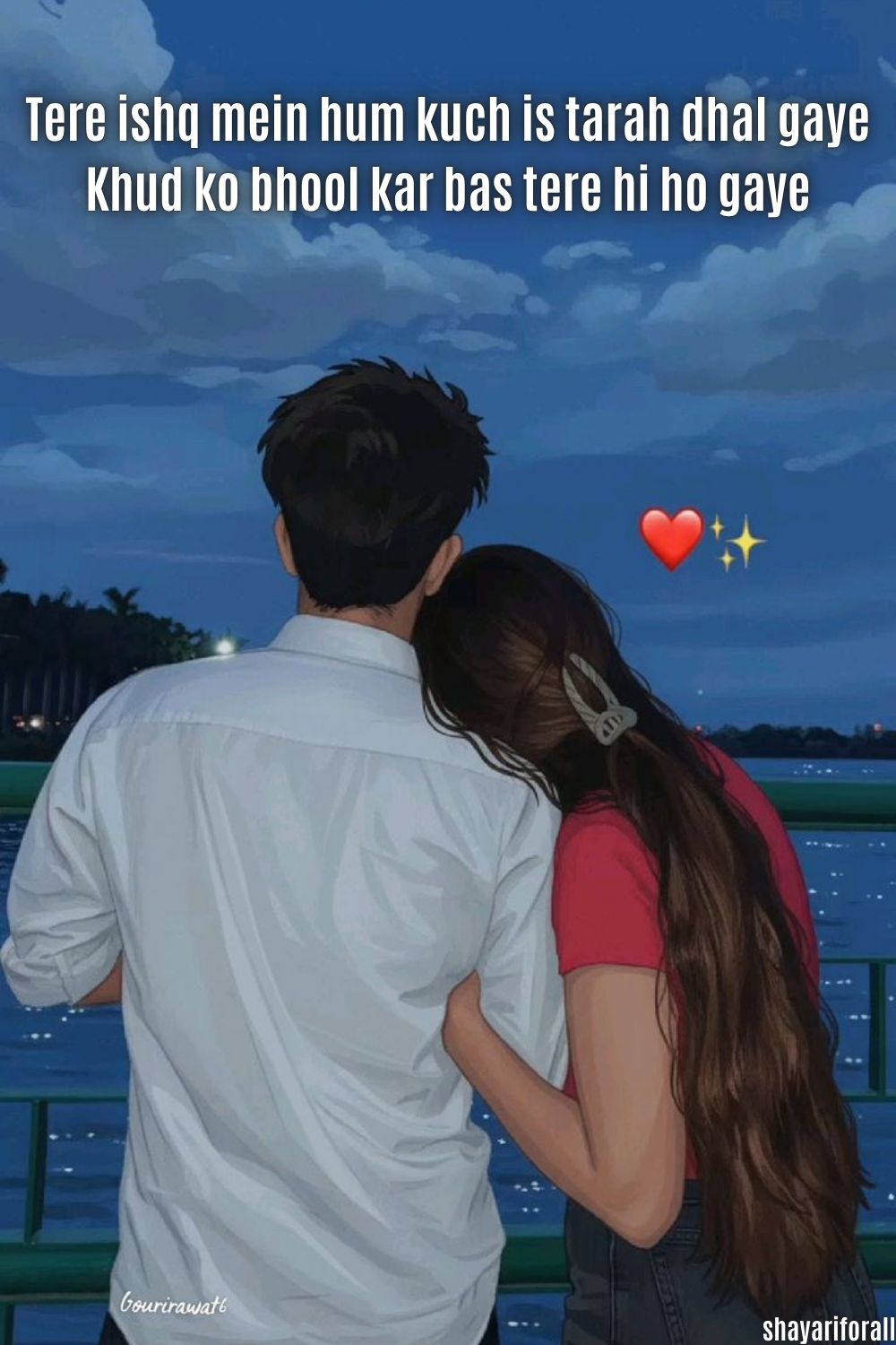 that is the image of one girls and boys and girls stand his head on the tour of boy that is the romantic seen so it is called love shayari in English